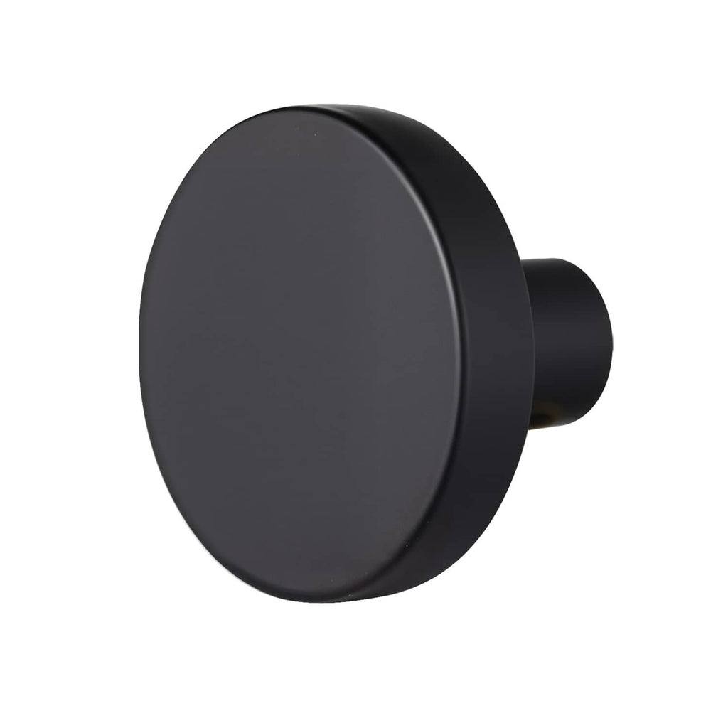 Black mushroom cabinet knob side angle showing round face and short cylindrical stem.
