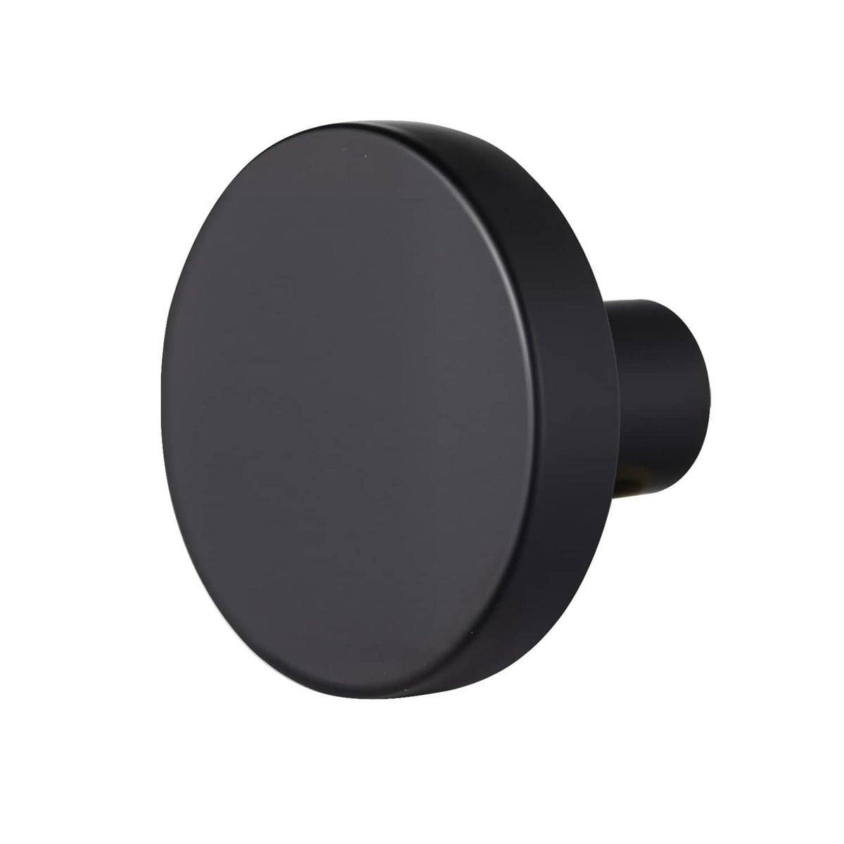 Black mushroom cabinet knob side angle showing round face and short cylindrical stem.
