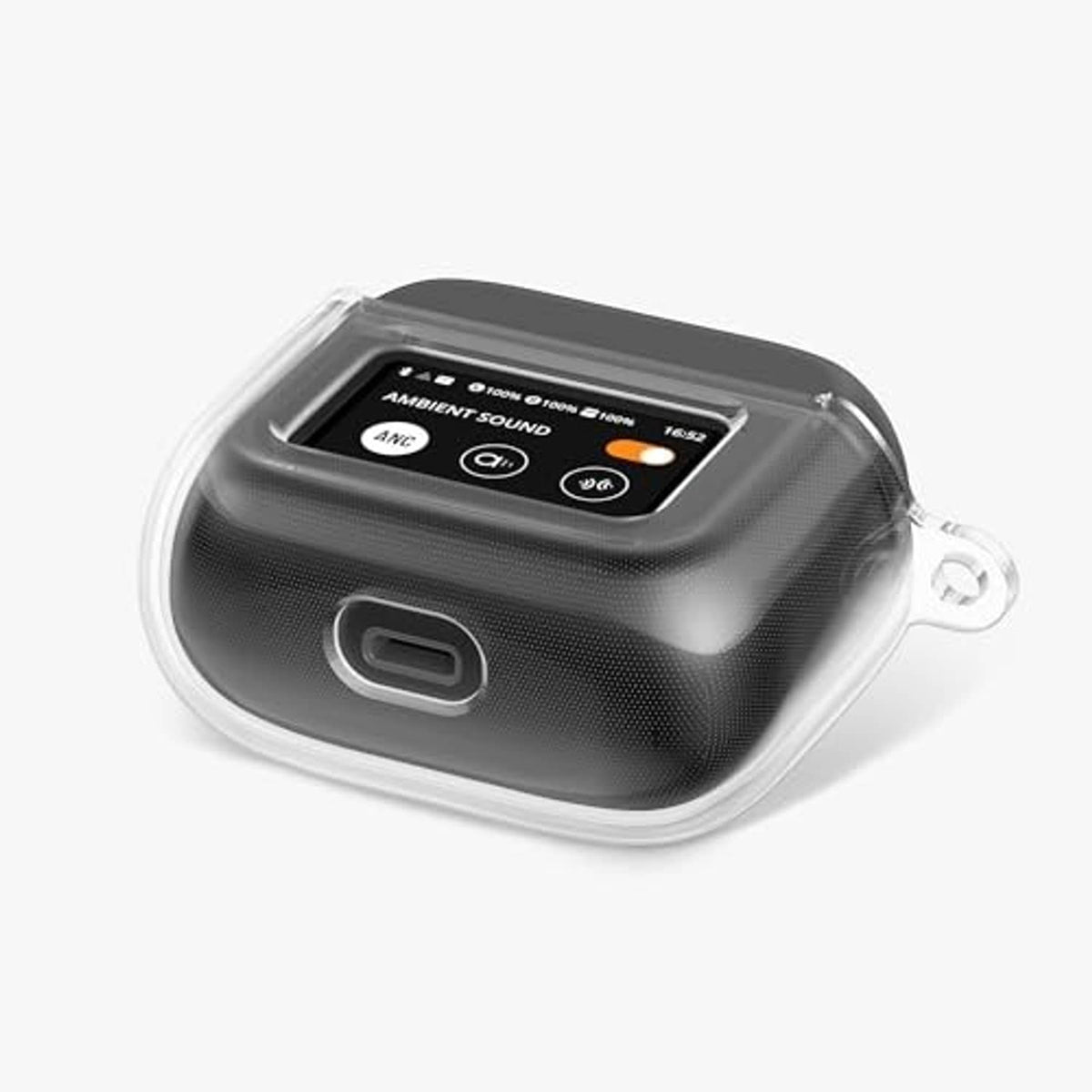Transparent TPU earbud case cover with side port and keyring loop.