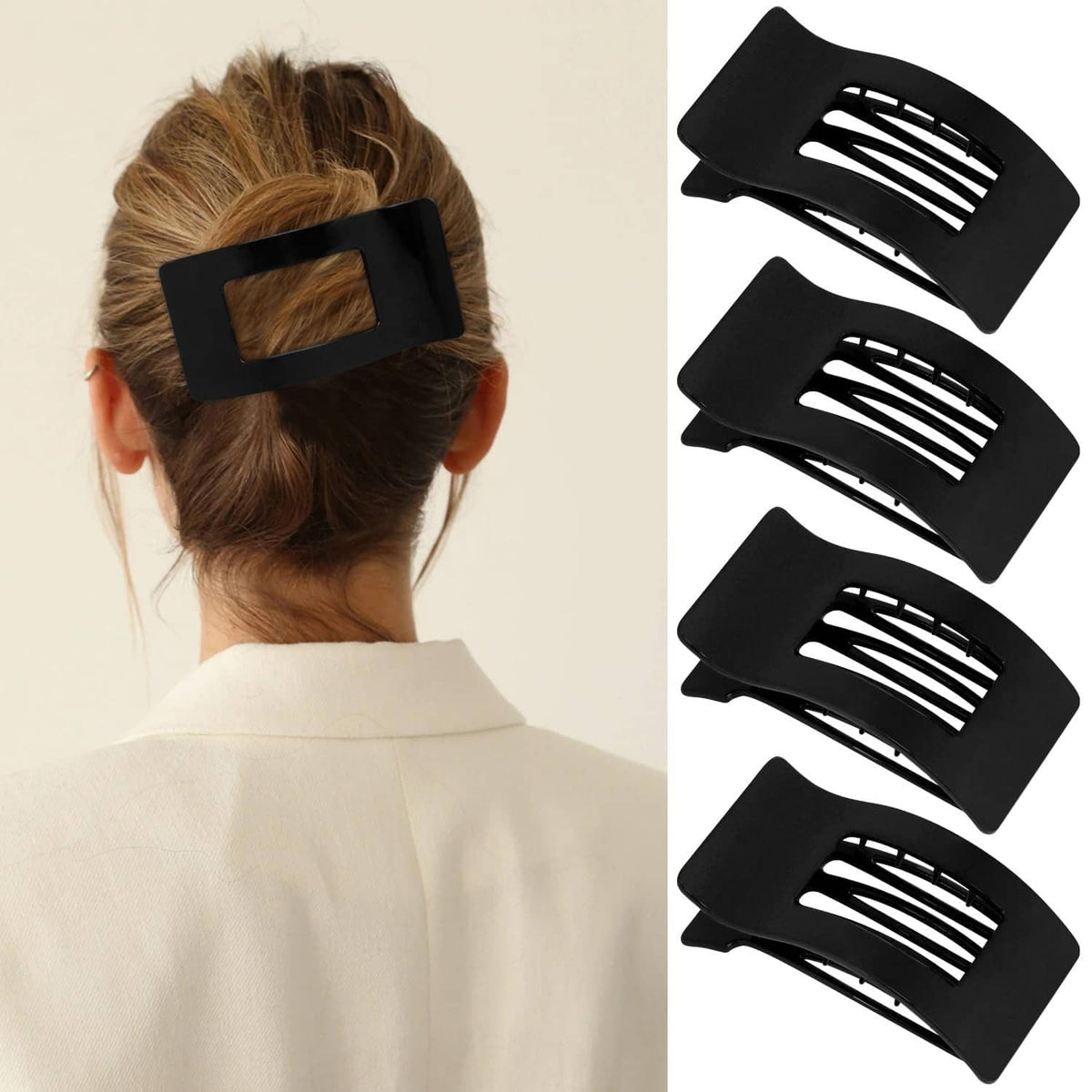 Bright black flat hair clip securing a low bun, rectangular center opening