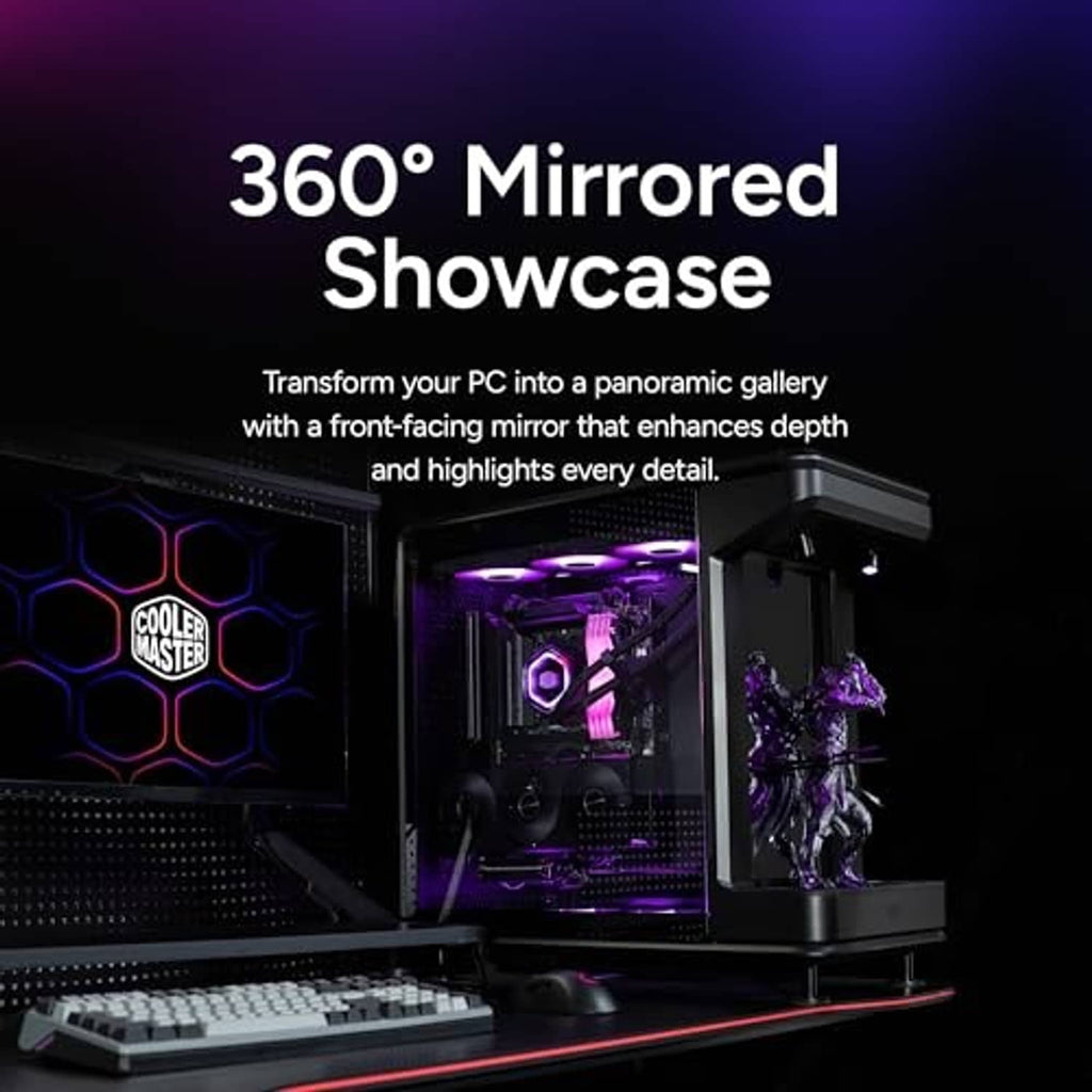 Black PC case with 360 front mirror showcase and purple RGB-lit cooling fans