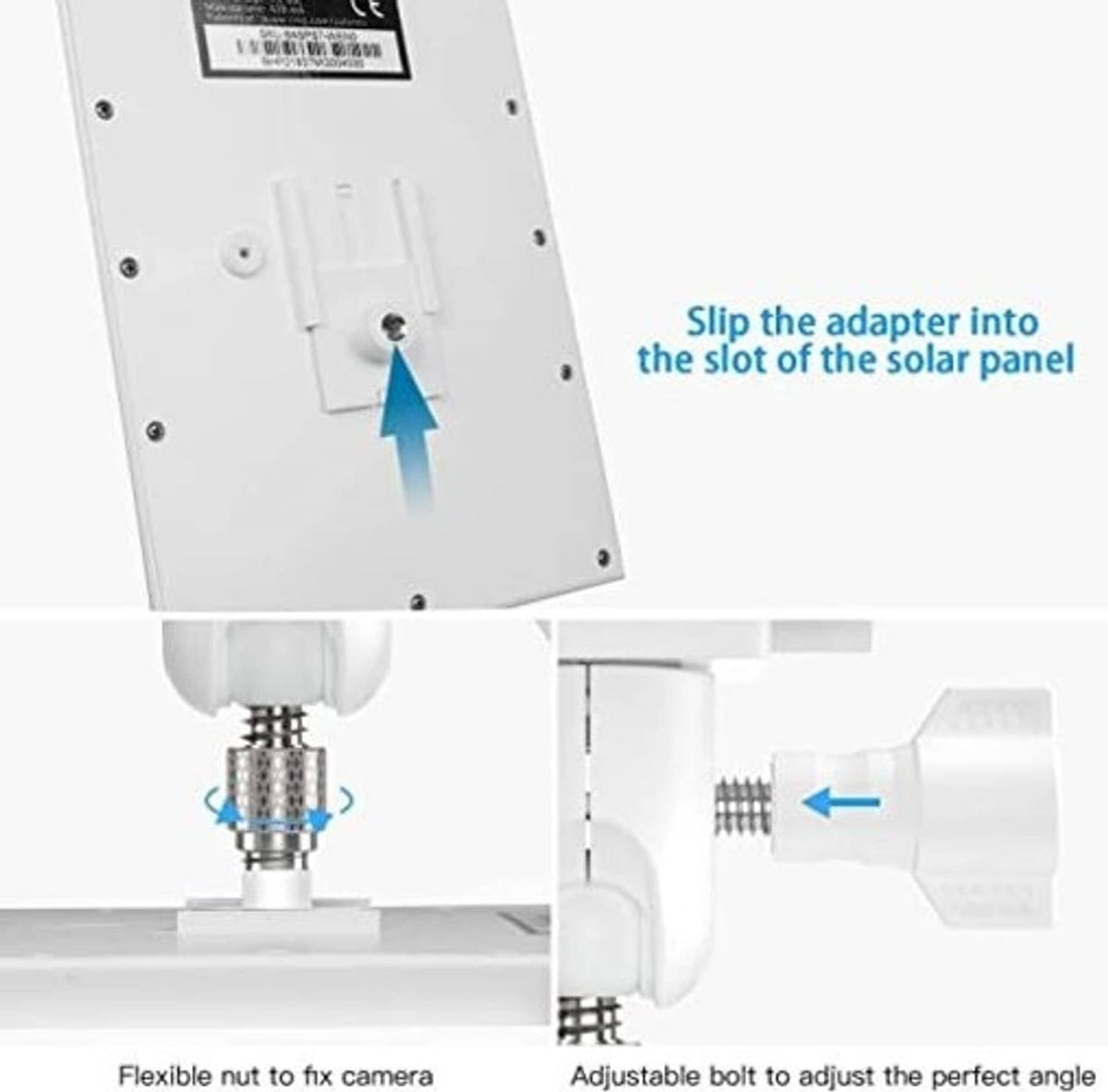 White solar panel mount adapter and adjustable bolt for fine-tuning camera angle