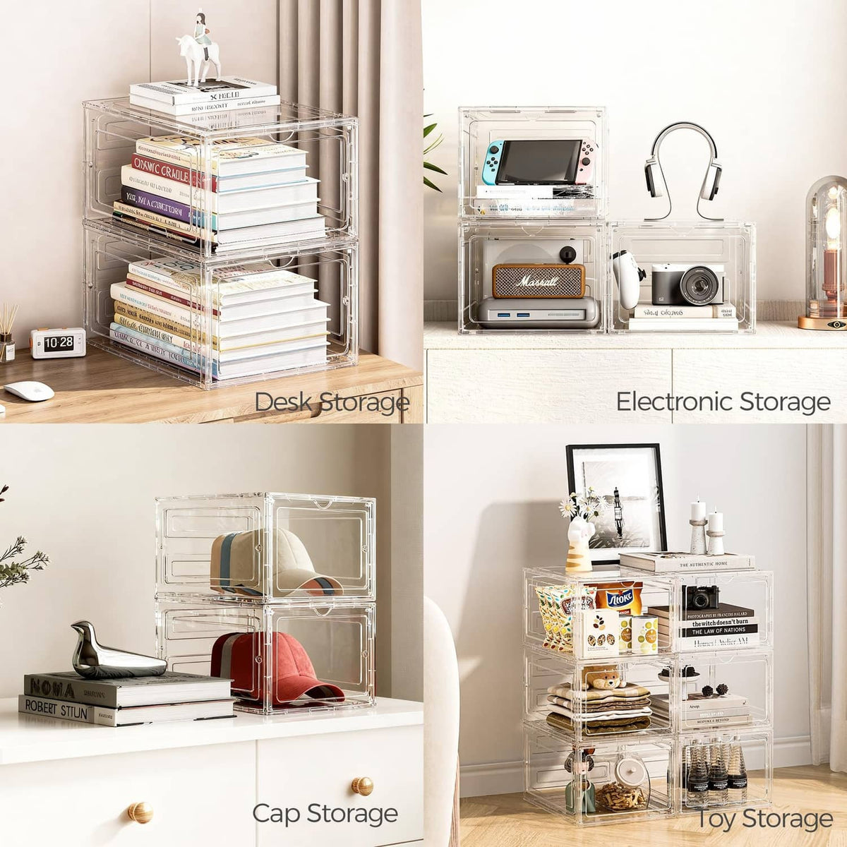 Clear stackable storage boxes with cubby compartments for shoes or small items