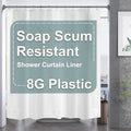 White shower curtain liner with buttonhole-style grommets and straight hem