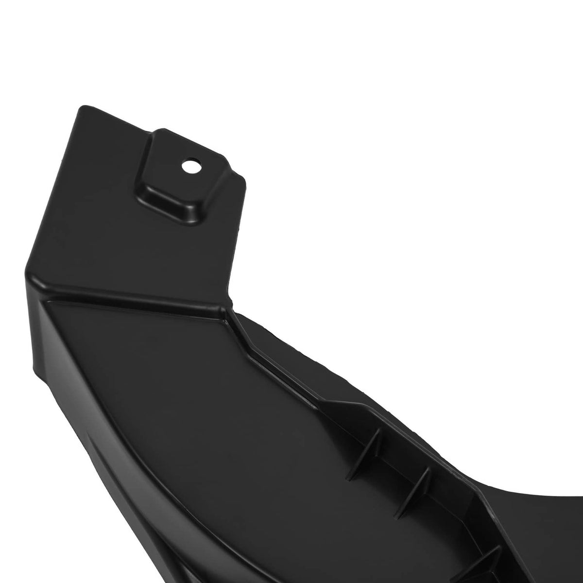 Black mulching deck blade end section with mounting hole and stepped lip
