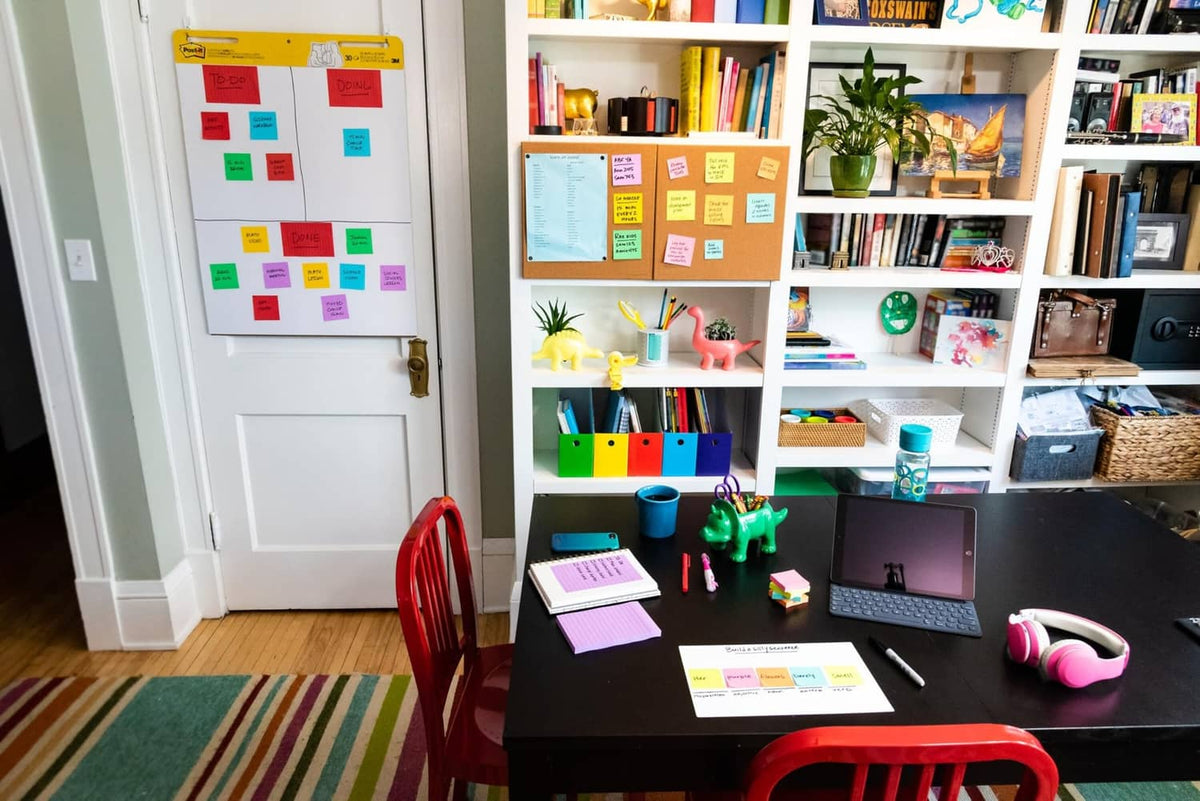 Dry erase sheets displayed on an office wall, with multiple sticky notes