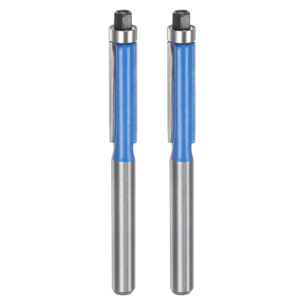 2-pack flush trim router bits with blue guide sleeves and silver shanks