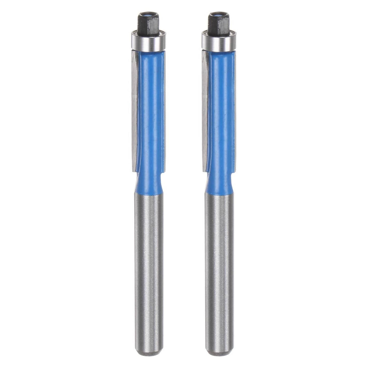 2-pack flush trim router bits with blue guide sleeves and silver shanks