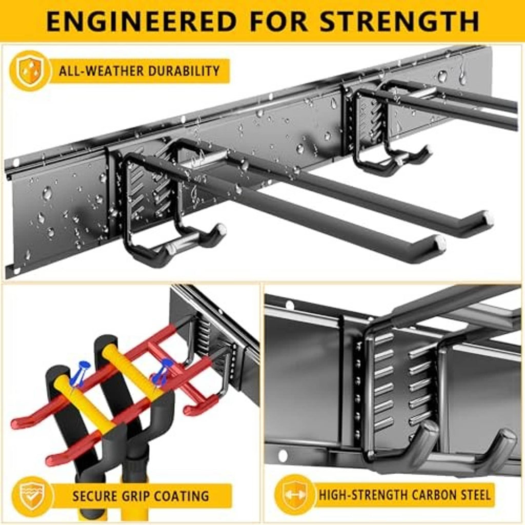 Coated steel wall-mount tool organizer bar with multiple double hooks for durable storage