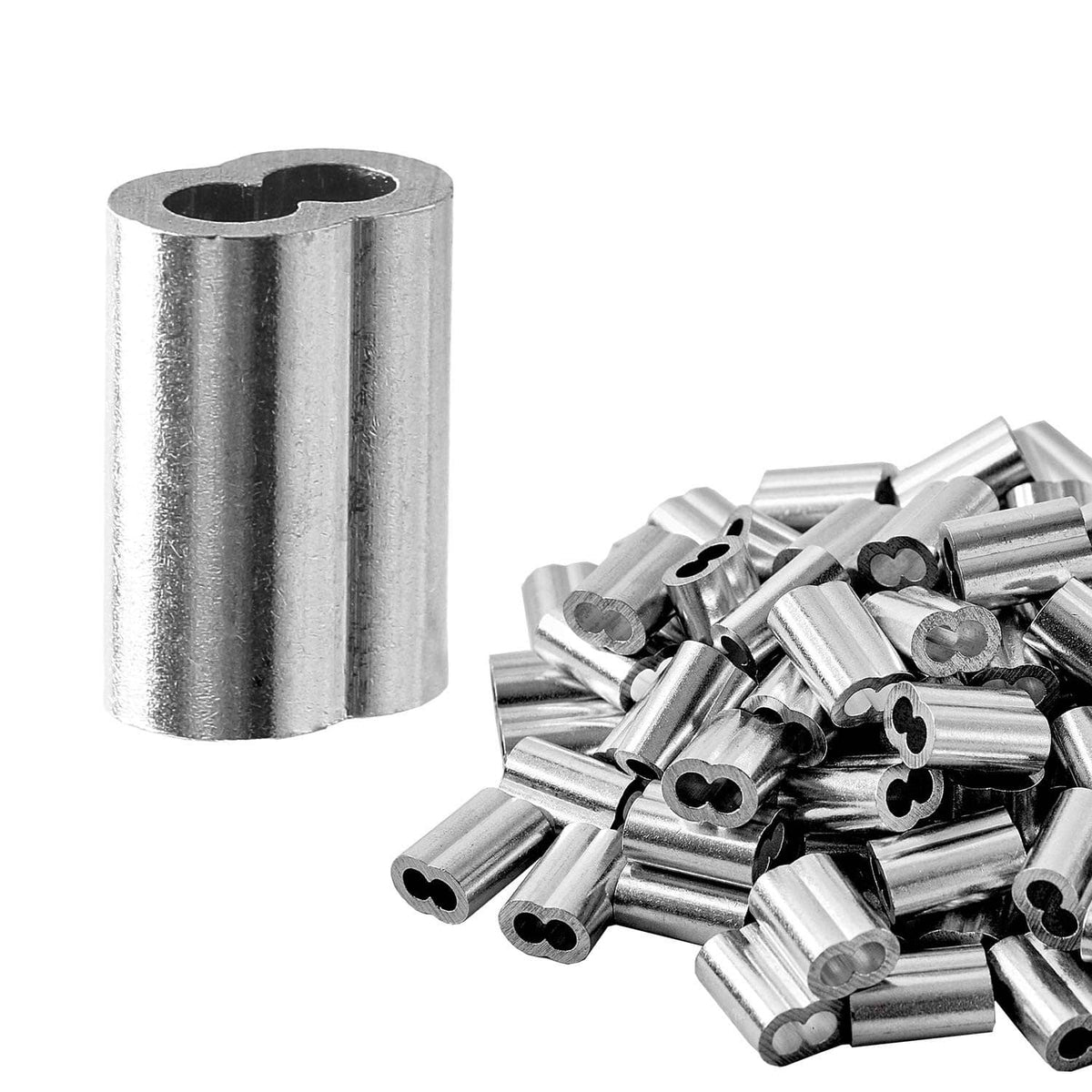 Aluminum crimping loop sleeve ferrules, 1/8 in, in a mixed pile