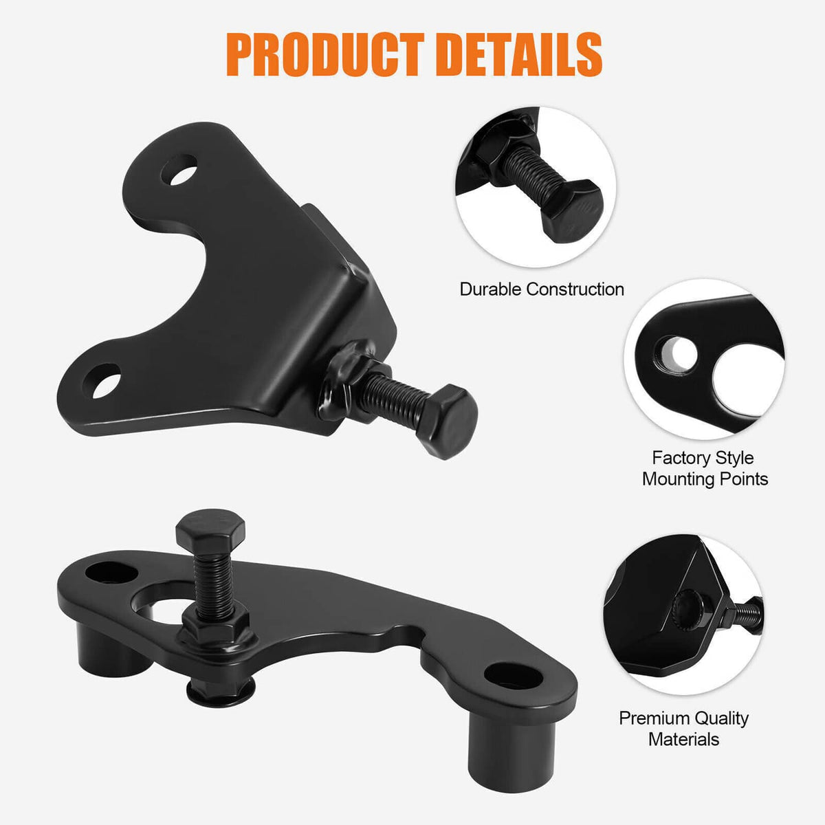 Two black exhaust pipe bolt brackets with threaded screws and circular mounting holes