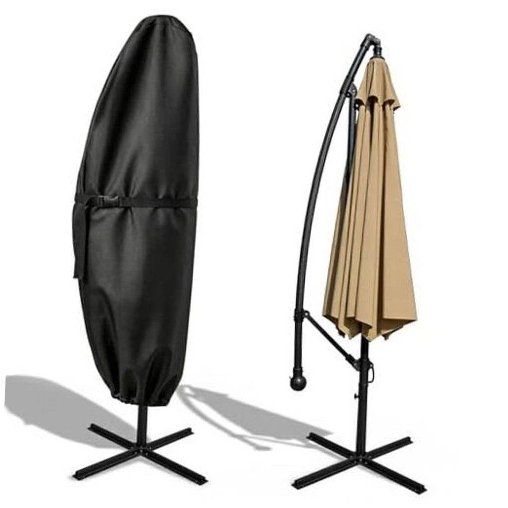 Black patio cantilever umbrella cover with drawstring tie at the bottom