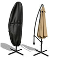 Black patio cantilever umbrella cover with drawstring tie at the bottom