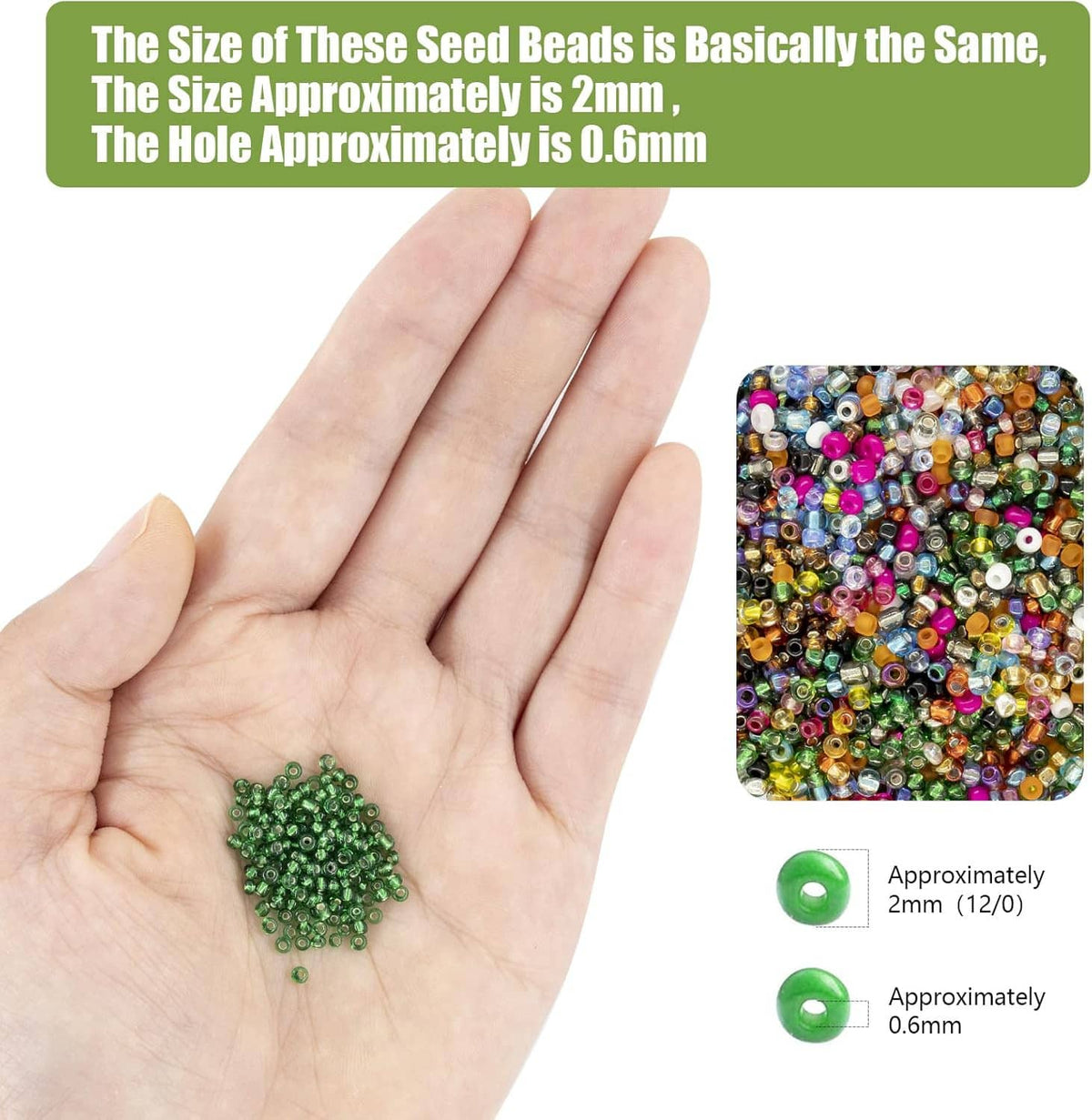 2mm green seed beads held in palm, with 0.6mm bead size shown