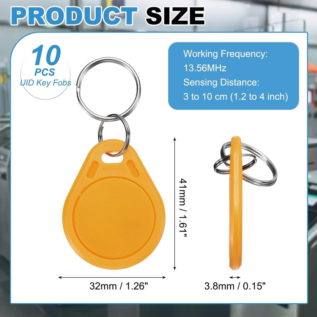Yellow RFID key fob with metal key ring, shown with side profile