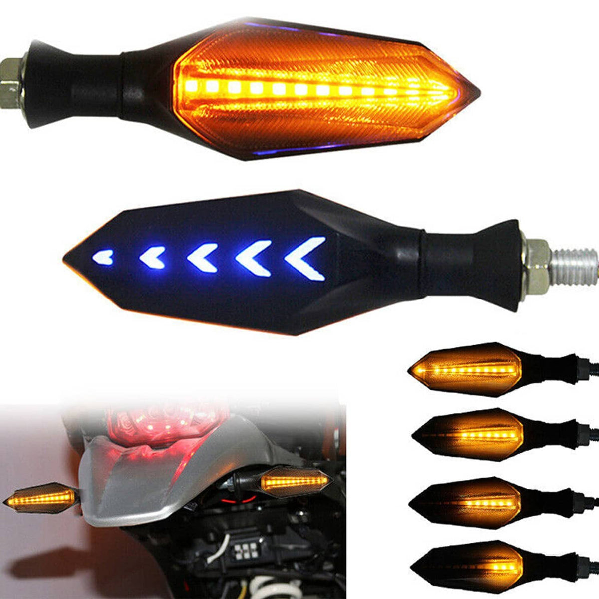 Pair of motorcycle LED turn signal lights showing amber running light and blue arrow effect