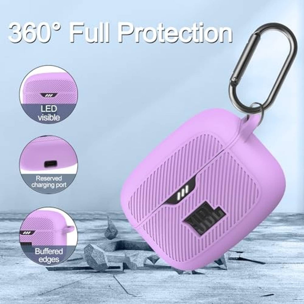 Purple silicone earbuds case with metal keyring, textured surface, LED cutout