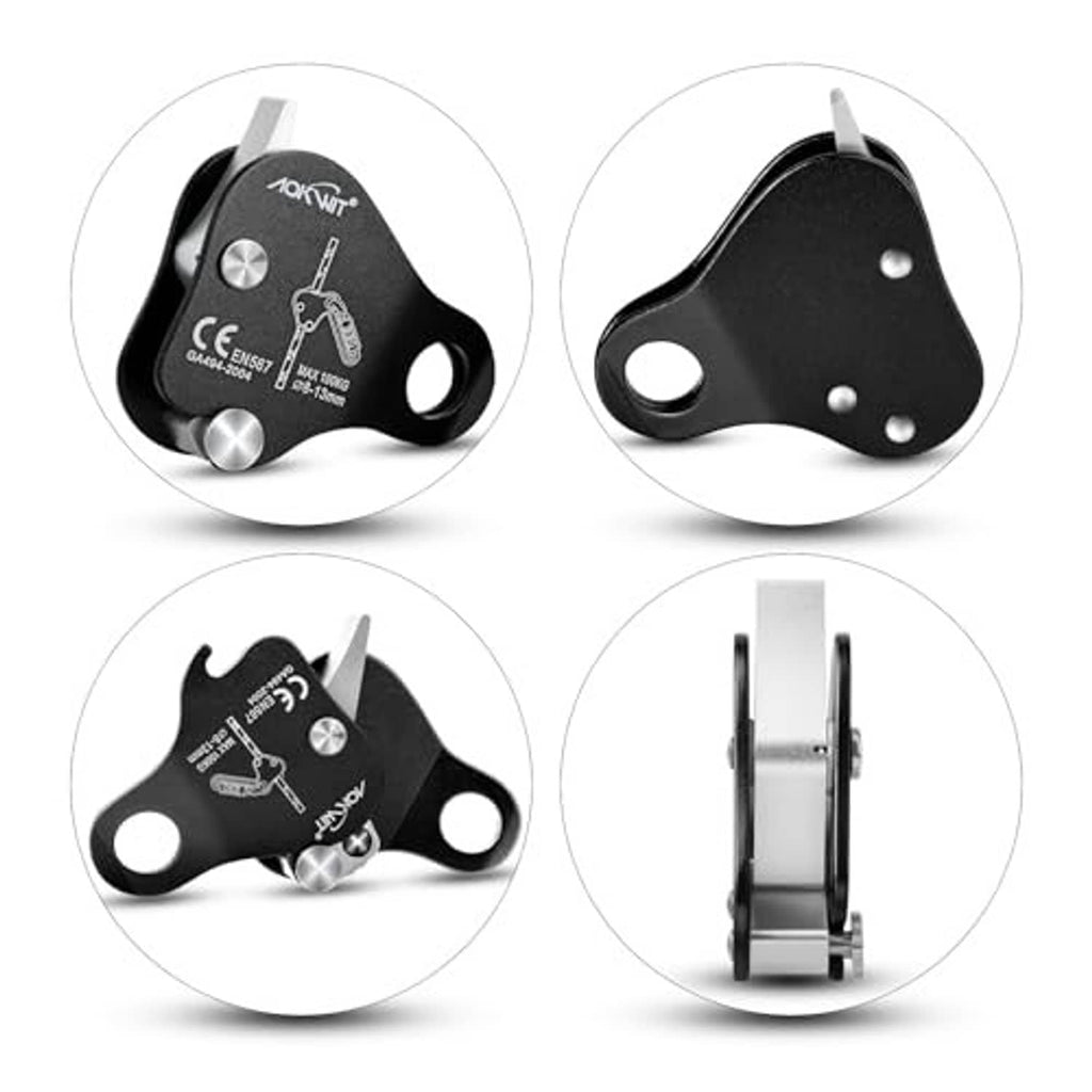 Black rope grab belay device with side holes and locking gate, multi-angle view