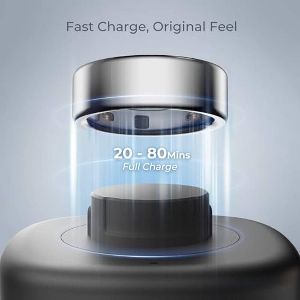 Round charging cradle with clear top cover and visible charging light