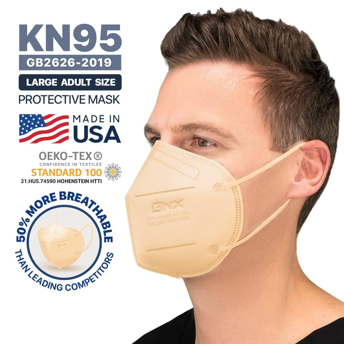 Large adult beige KN95 face mask on man, angled side view with ear loops