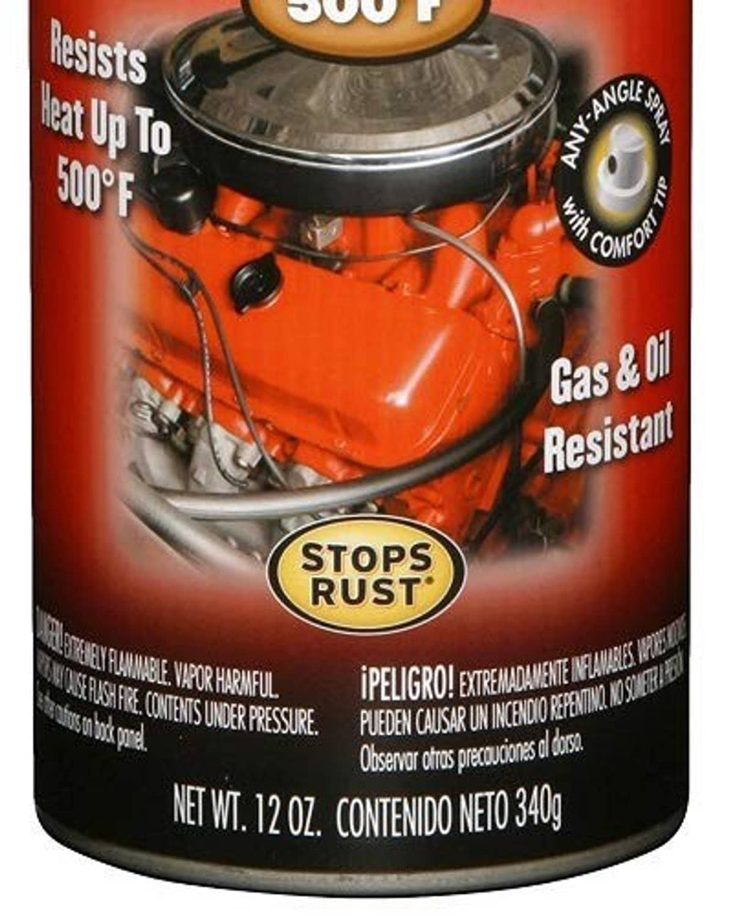 Rust-Oleum engine enamel spray paint can label, gas & oil resistant