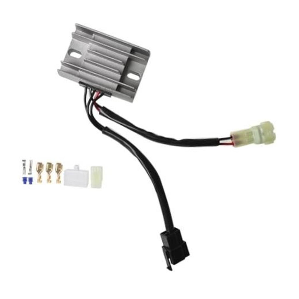 Voltage regulator rectifier with black wire harness, light connectors, and silver metal heatsink