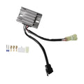 Voltage regulator rectifier with black wire harness, light connectors, and silver metal heatsink