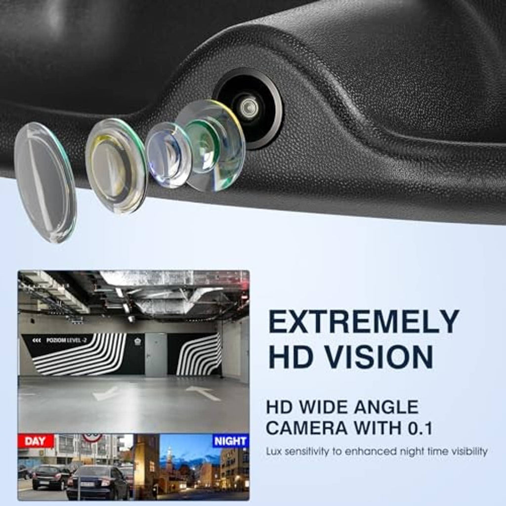 Tailgate handle backup camera close-up with multi-color connectors and lens port