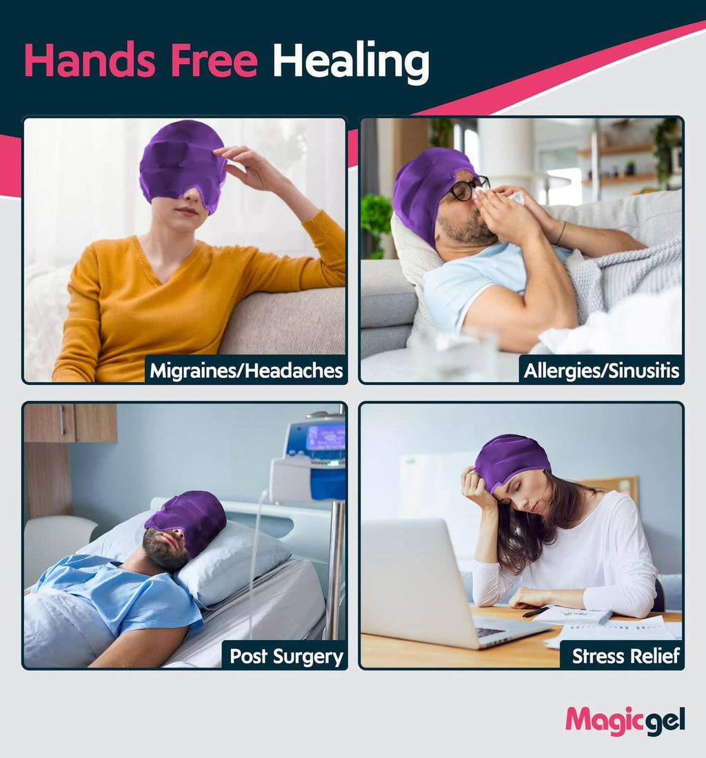 MagicGel purple gel head wrap shown worn on multiple people