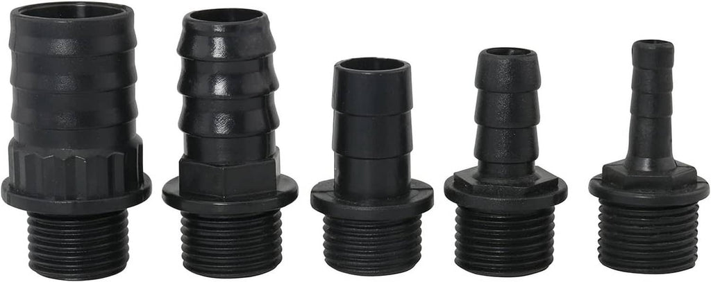 Five black plastic replacement nozzle adapters for fountain pumps, stacked view