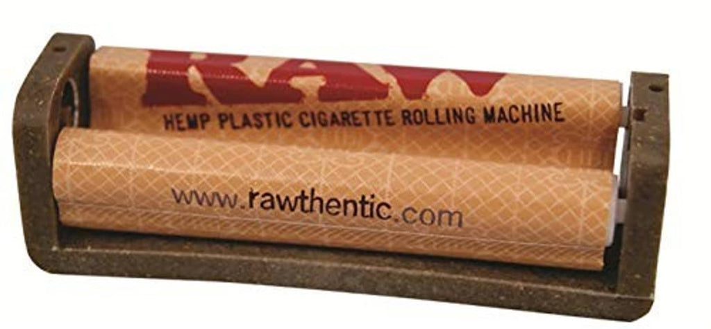 RAW hemp plastic cigarette rolling machine, front view with printed RAW authentic text