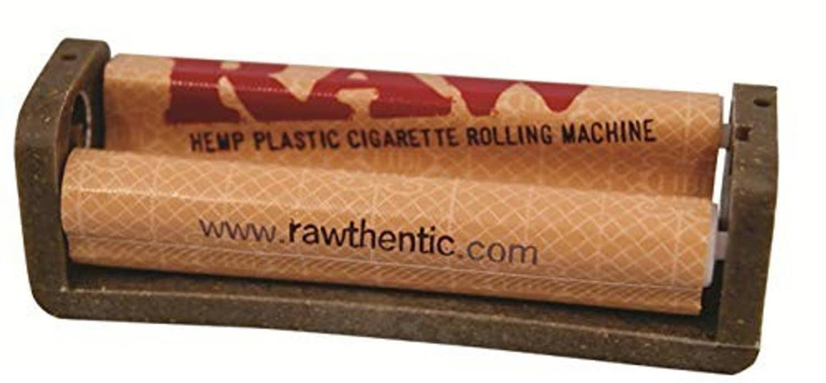 RAW hemp plastic cigarette rolling machine, front view with printed RAW authentic text