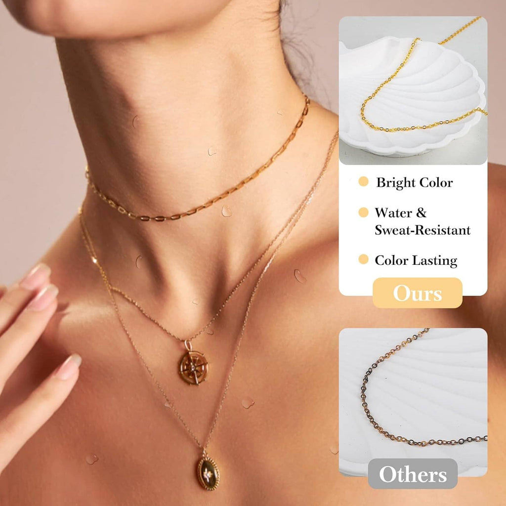 Gold tone layered necklaces with small pendants on a person's neck