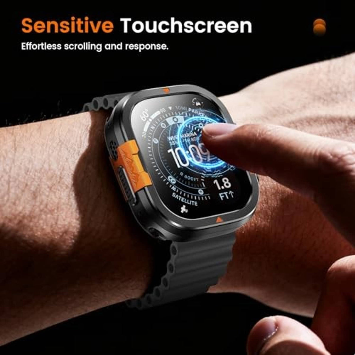 Black metal smartwatch case with clear screen protector and orange side accents