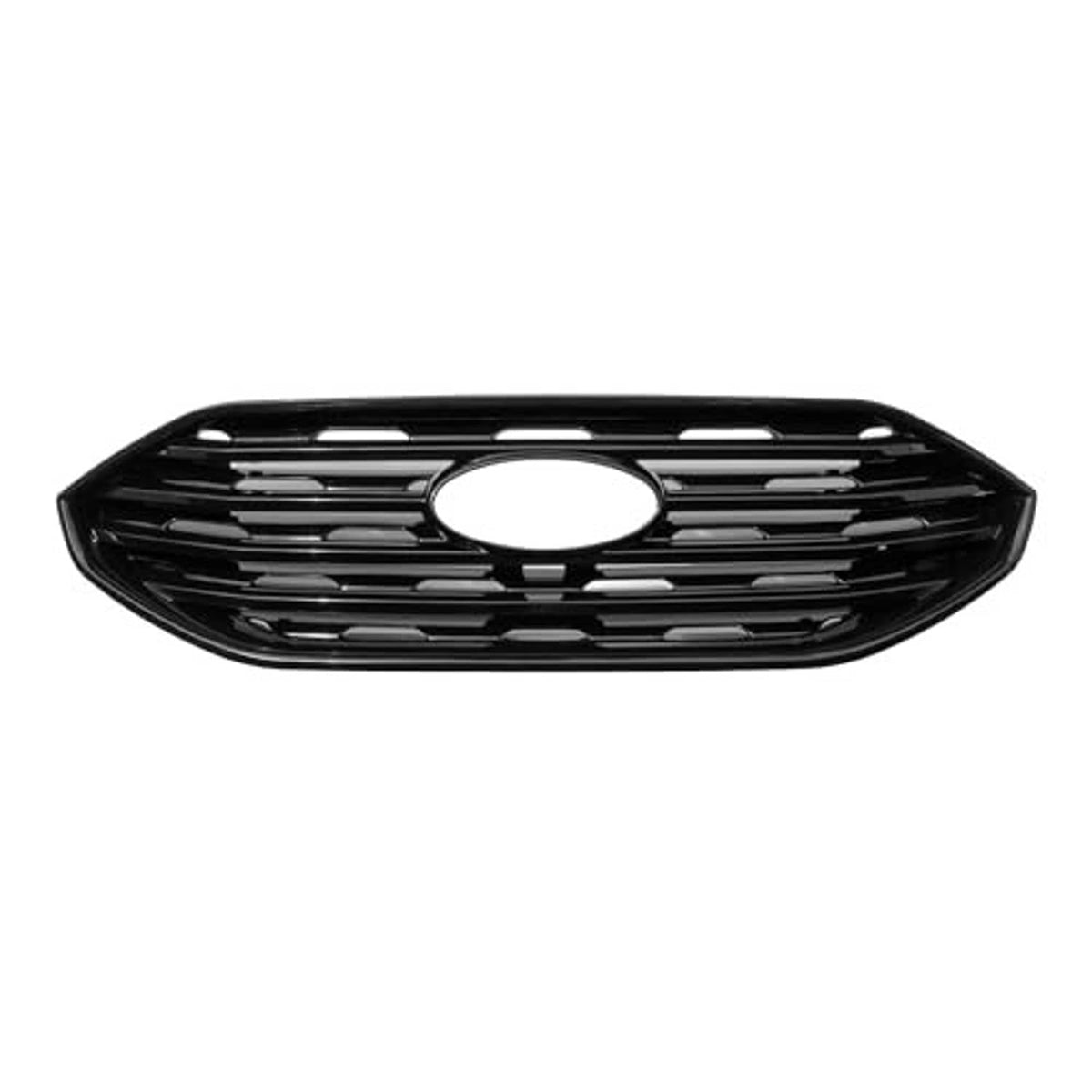 Gloss black front grille overlay with horizontal slats and center round emblem opening