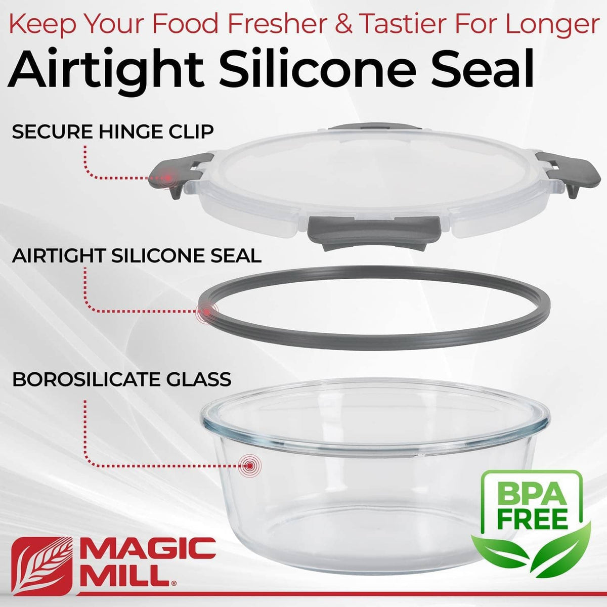 Clear borosilicate glass storage container with gray snap lid and silicone seal