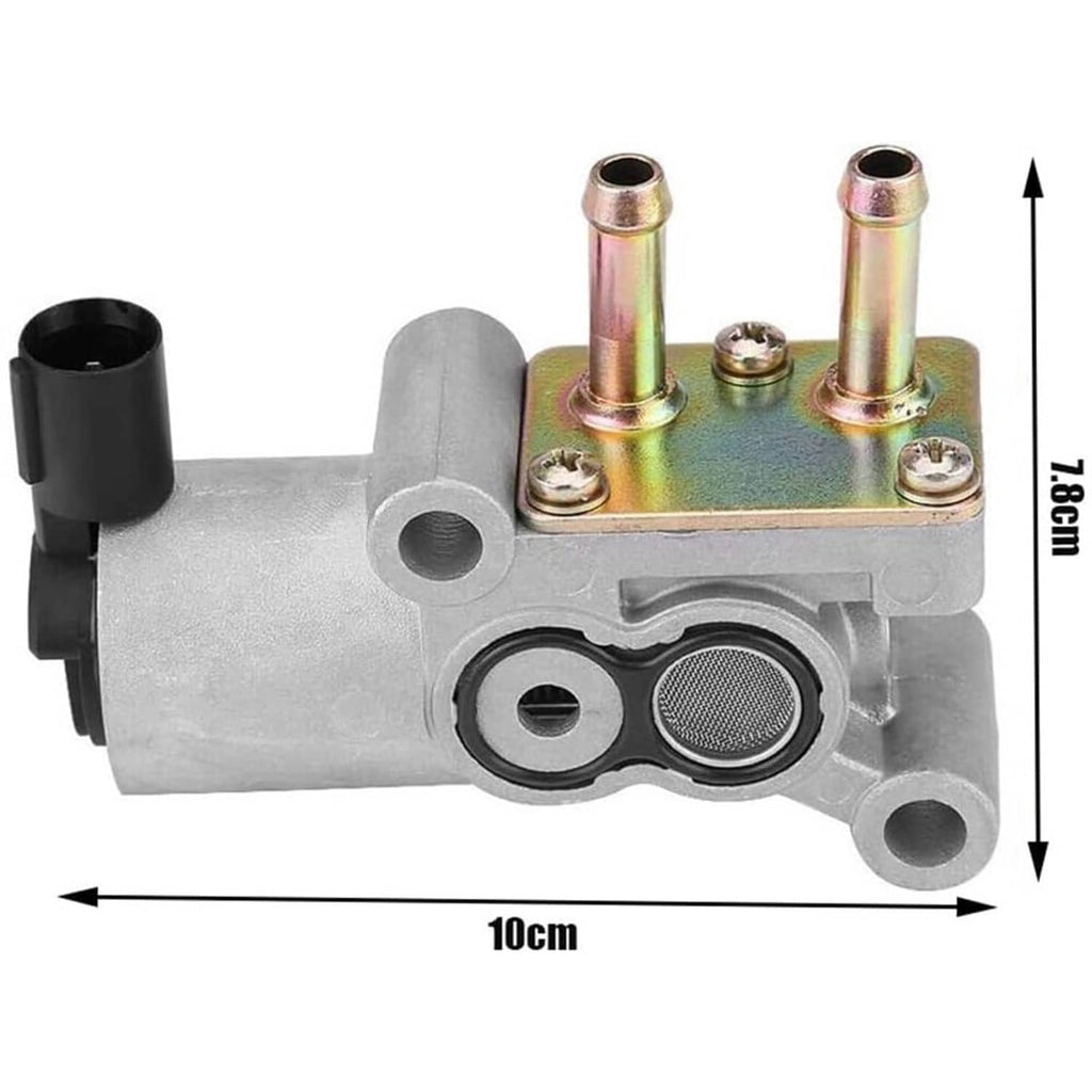 Idle Air Control Valve in silver metal with black connector and mounted gold fittings