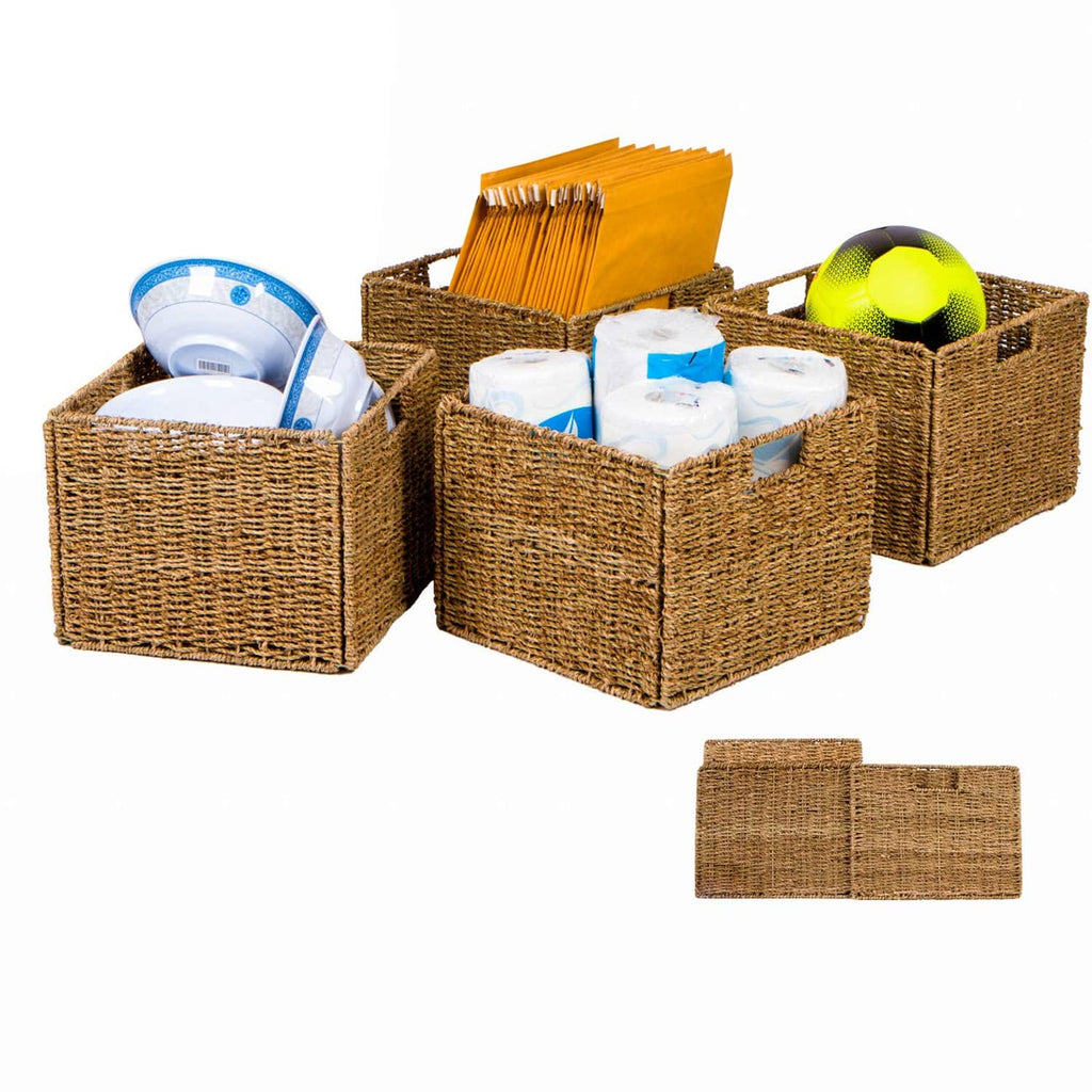 Rectangular seagrass storage basket set of four with iron wire frame, open tops