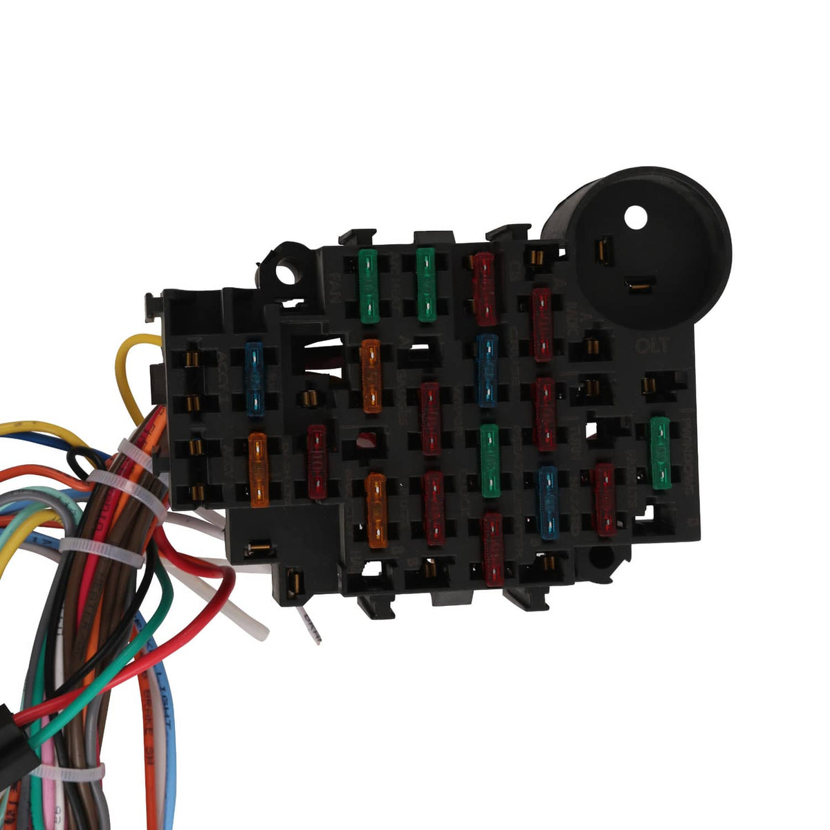 Universal 22-circuit wiring harness fuse/relay panel with multicolor blade fuses