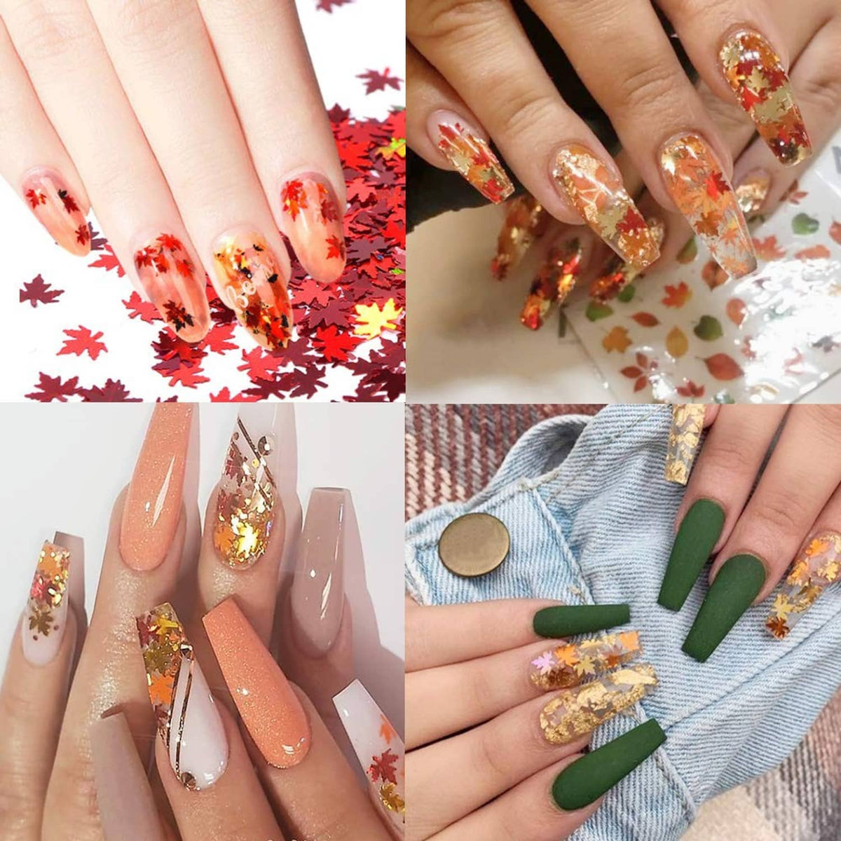 Maple leaf nail glitter sequins on nude and gold nails with red leaf accents