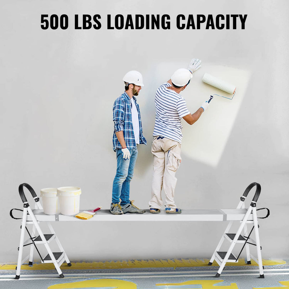 Adjustable aluminum scaffold plank bridging two ladder platforms with black strap handles