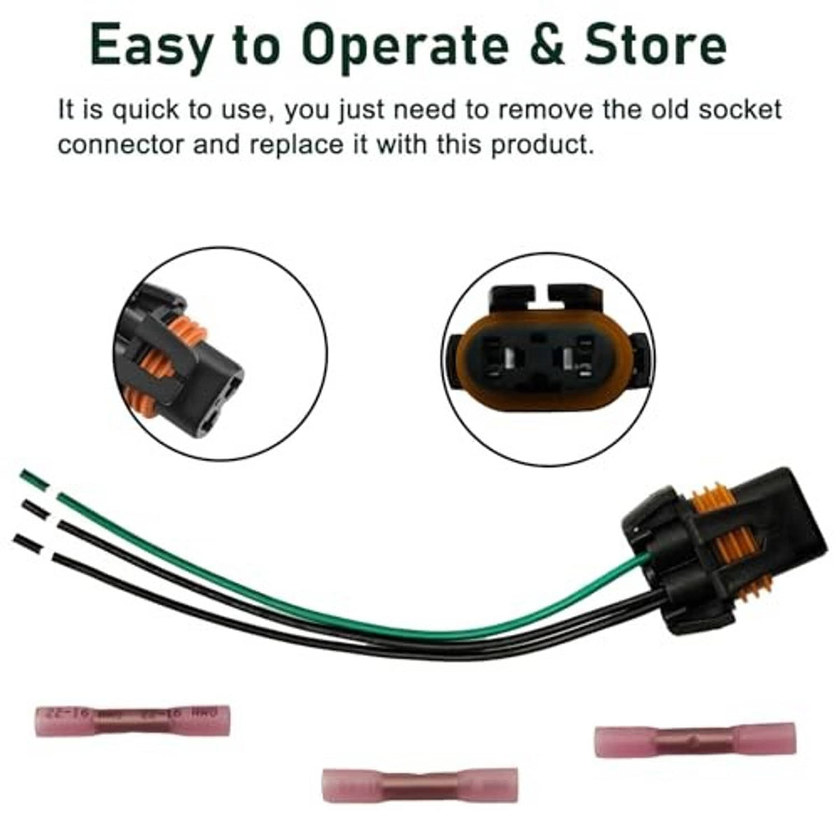 Halogen bulb connector pigtail harness with black connector and green wires, including pink heat-shrink sleeves