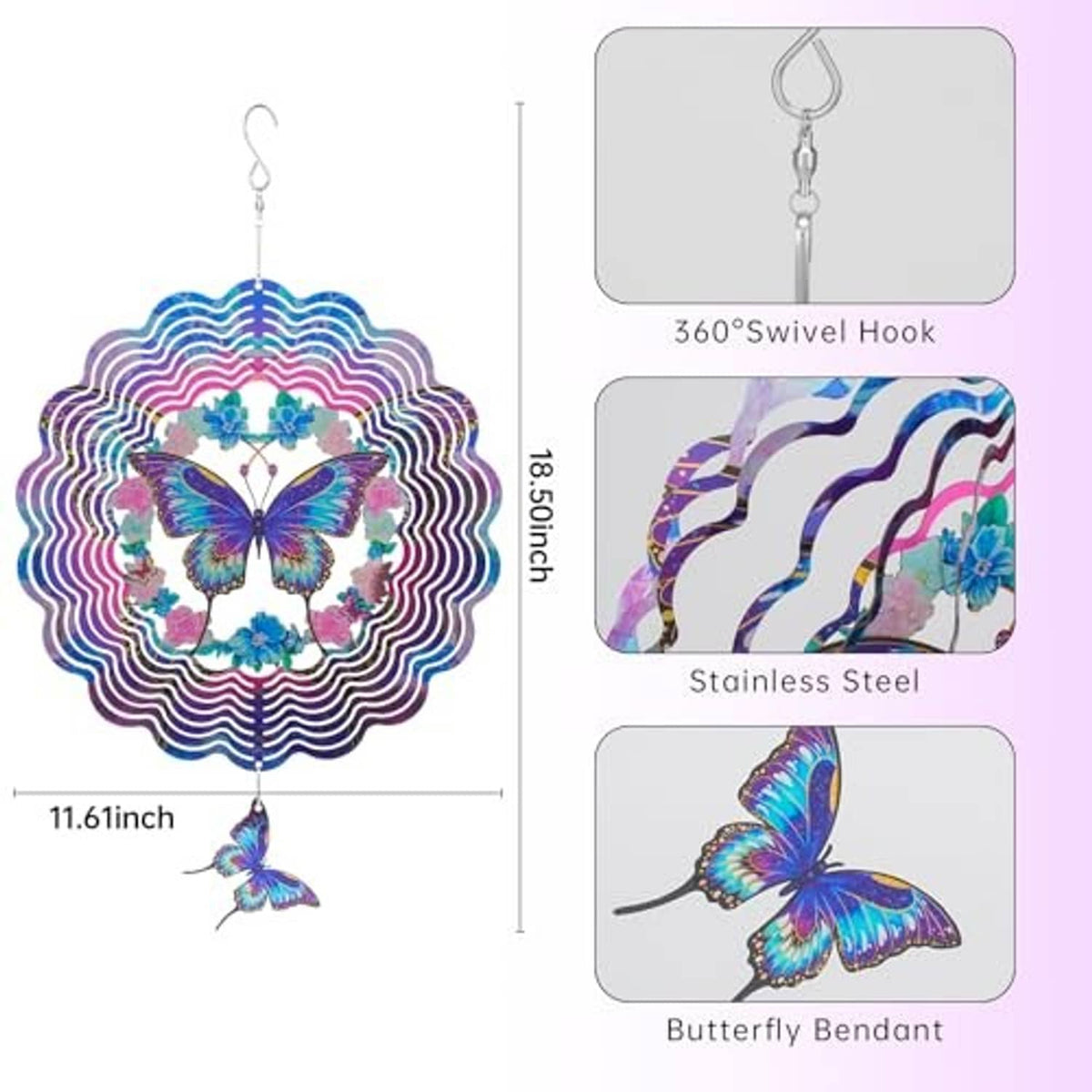 Butterfly wind spinner with hanging swivel hook and dangling butterfly charm
