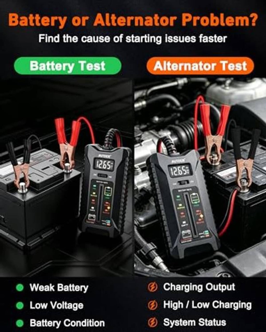 Digital battery tester with red clamp leads and status display for battery and alternator