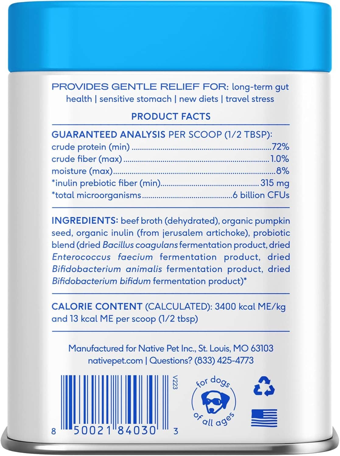 Native Pet dog probiotic powder container back label with nutrition facts and barcode