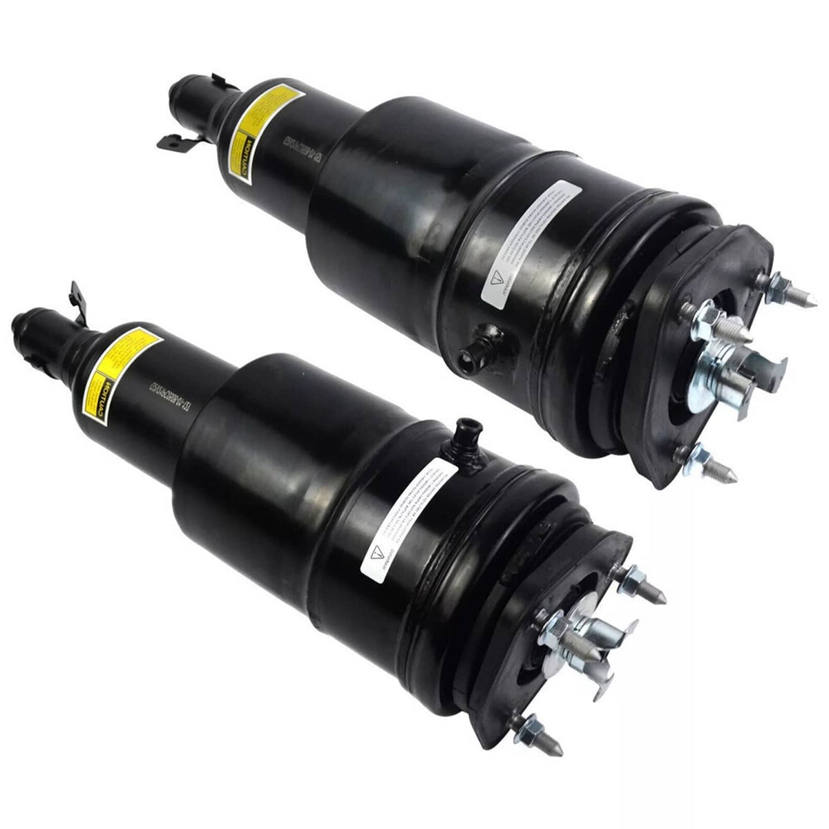 Air suspension shock strut pair with extended bodies and exposed mounting hardware