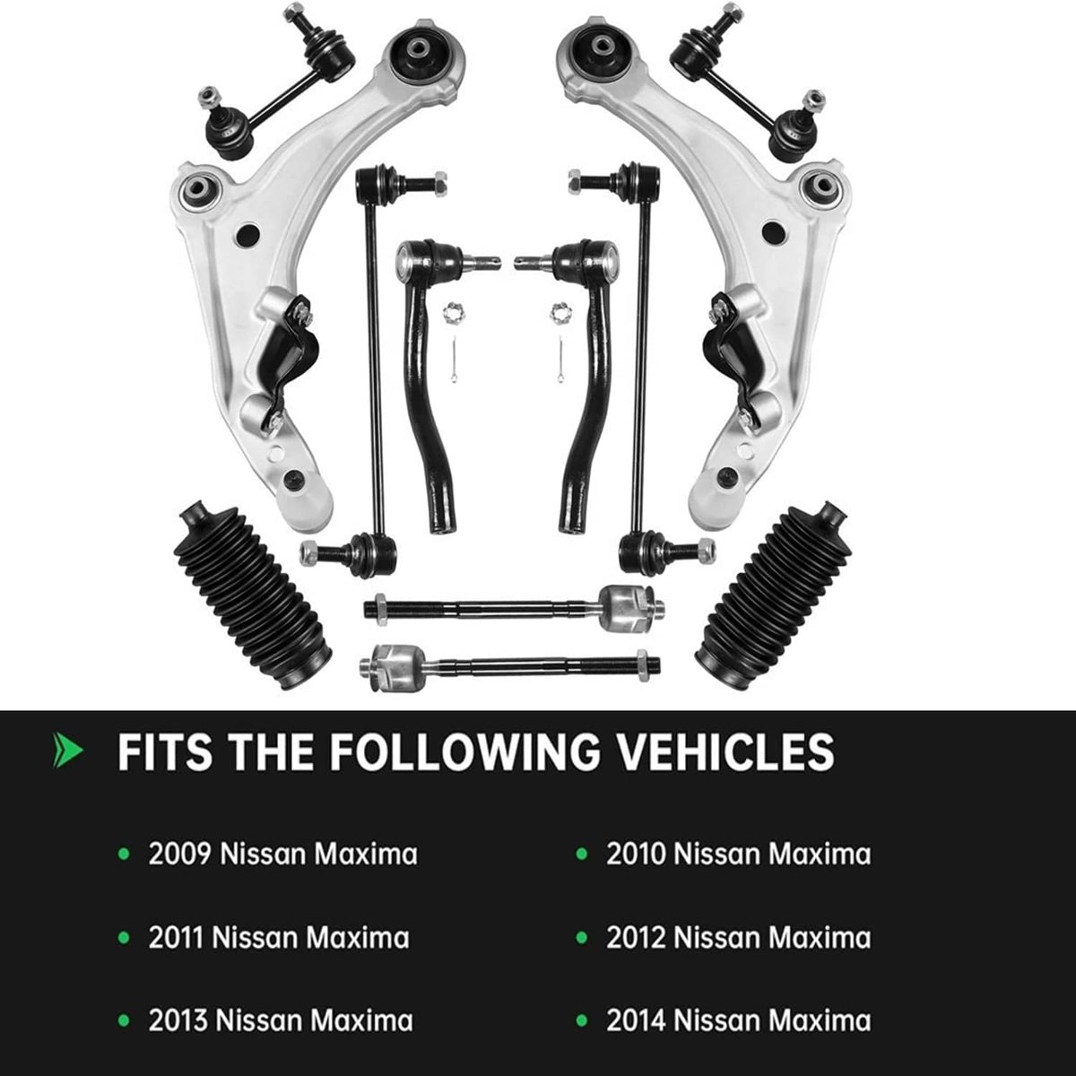 Complete front suspension kit layout with two control arms, tie rods, and boots