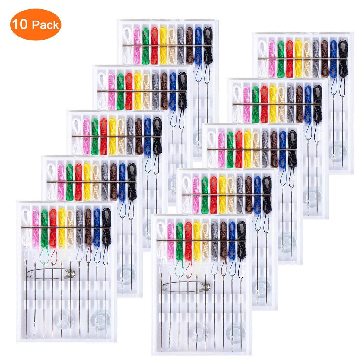 10-pack pre-threaded sewing kit organizer boxes with multicolor thread spools