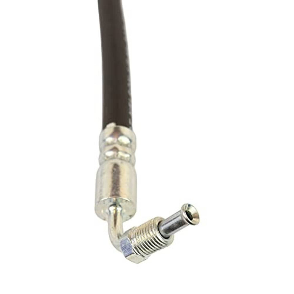 Swivel brake hose end fitting with threaded male connector on black rubber hose