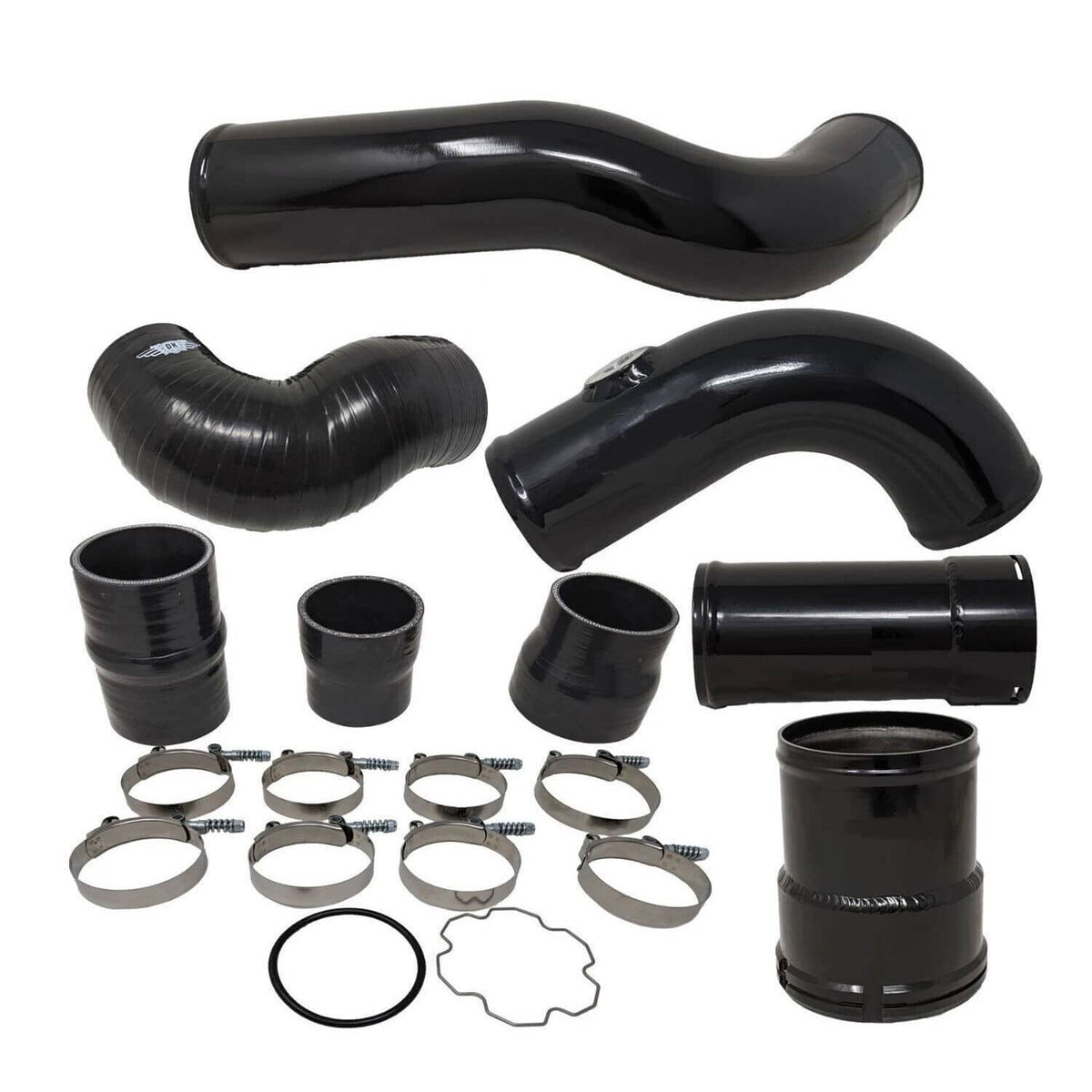 Black silicone intercooler pipe boot kit with multiple hoses, O-ring, and metal clamps